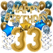 Dekorations-Set mit Ballons zum 33. Geburtstag, Happy Birthday Chrome Blue & Gold, 34 Teile