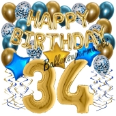 Dekorations-Set mit Ballons zum 34. Geburtstag, Happy Birthday Chrome Blue & Gold, 34 Teile