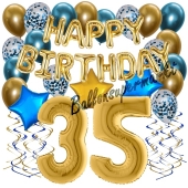 Dekorations-Set mit Ballons zum 35. Geburtstag, Happy Birthday Chrome Blue & Gold, 34 Teile