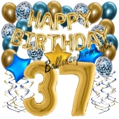 Dekorations-Set mit Ballons zum 37. Geburtstag, Happy Birthday Chrome Blue & Gold, 34 Teile