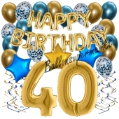 Dekorations-Set mit Ballons zum 40. Geburtstag, Happy Birthday Chrome Blue & Gold, 34 Teile