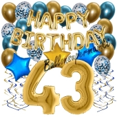 Dekorations-Set mit Ballons zum 43. Geburtstag. Geburtstag, Happy Birthday Chrome Blue & Gold, 34 Teile