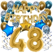 Dekorations-Set mit Ballons zum 48. Geburtstag. Geburtstag, Happy Birthday Chrome Blue & Gold, 34 Teile