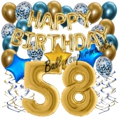 Dekorations-Set mit Ballons zum 58. Geburtstag. Geburtstag, Happy Birthday Chrome Blue & Gold, 34 Teile