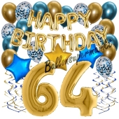 Dekorations-Set mit Ballons zum 64. Geburtstag, Happy Birthday Chrome Blue & Gold, 34 Teile