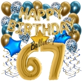 Dekorations-Set mit Ballons zum 67. Geburtstag, Happy Birthday Chrome Blue & Gold, 34 Teile