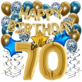 Dekorations-Set mit Ballons zum 70. Geburtstag, Happy Birthday Chrome Blue & Gold, 34 Teile