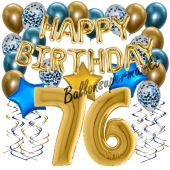 Dekorations-Set mit Ballons zum 76. Geburtstag, Happy Birthday Chrome Blue & Gold, 34 Teile