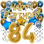 Dekorations-Set mit Ballons zum 84. Geburtstag, Happy Birthday Chrome Blue & Gold, 34 Teile