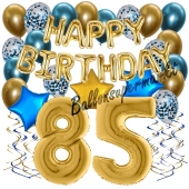 Dekorations-Set mit Ballons zum 85. Geburtstag, Happy Birthday Chrome Blue & Gold, 34 Teile