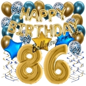 Dekorations-Set mit Ballons zum 86. Geburtstag, Happy Birthday Chrome Blue & Gold, 34 Teile