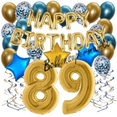 Dekorations-Set mit Ballons zum 89. Geburtstag, Happy Birthday Chrome Blue & Gold, 34 Teile