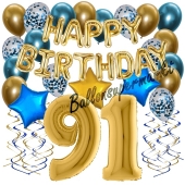 Dekorations-Set mit Ballons zum 91. Geburtstag, Happy Birthday Chrome Blue & Gold, 34 Teile