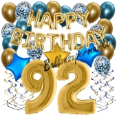 Dekorations-Set mit Ballons zum 92. Geburtstag, Happy Birthday Chrome Blue & Gold, 34 Teile