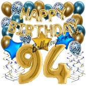 Dekorations-Set mit Ballons zum 94. Geburtstag, Happy Birthday Chrome Blue & Gold, 34 Teile