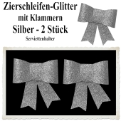 Glitter-Zierschleifen, Schleifendekoration Silber, 2 Schleifen mit Klammern, 6,5 cm x 6,5 cm