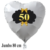 Großer Herzballon aus Folie, 50, weiß, mit Ballongas Helium, Dekoration Goldene Hochzeit
