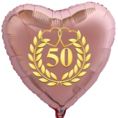 Herzballon aus Folie, 50 mit goldenem Kranz und goldenen Herzen, roségold, mit Ballongas Helium, Dekoration Goldene Hochzeit