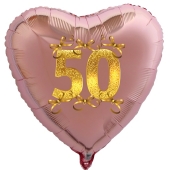 Roségoldener Herzballon aus Folie, 50 mit Schleifen in Gold, inklusive Ballongas Helium, Dekoration Goldene Hochzeit