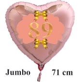 Großer Herzluftballon aus Folie, Rosegold, zum 89. Geburtstag, Rosa-Gold