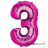 Zahlendekoration Zahl 3, Pink, drei, Großer Luftballon aus Folie, 1 Meter hoch, Folienballon Dekozahl