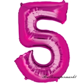 Zahlendekoration Zahl 5, Pink, fünf, Großer Luftballon aus Folie, 1 Meter hoch, Folienballon Dekozahl