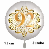 Großer Zahl 92 Luftballon aus Folie zum 92. Geburtstag, 71 cm, Weiß/Gold, heliumgefüllt