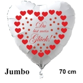 Großer Herzluftballon in Weiß "Du bist mein Glück!" zum Valentinstag mit roten Herzen und Glücksklee