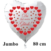 Großer Herzluftballon in Weiß "Du bist mein Glück!" zum Valentinstag mit roten Herzen und Glücksklee