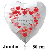 Großer Herzluftballon in Weiß "Du bist mein größter Schatz!" zum Valentinstag mit roten Herzen
