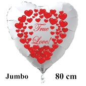 Großer Herzluftballon in Weiß "True Love!" zum Valentinstag mit roten Herzen