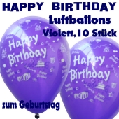 Happy Birthday Motiv Luftballons, Latexballons zum Geburtstag, 10 Stück, Violett