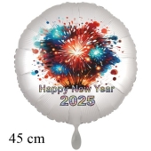Rundluftballon in weiss aus Folie zu Silvester und Neujahr, Happy New Year, Silvesterdeko