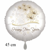 Rundluftballon in Satinweiss aus Folie zu Silvester und Neujahr, Happy New Year, Silvesterdeko