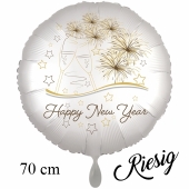 Großer Rundluftballon in Satinweiss aus Folie zu Silvester und Neujahr, Happy New Year, Silvesterdeko