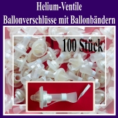 Helium-Ventile, Ballonverschlüsse mit Ballonbändern für Luftballons von 25 cm bis 35 cm, 100 Stück