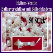 Helium-Ventile, Ballonverschlüsse mit Ballonbändern für Luftballons von 25 cm bis 35 cm, 50 Stück