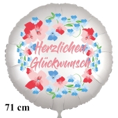 Herzlichen Glückwunsch. Rundluftballon aus Folie, satin-weiß-flowers, 71 cm