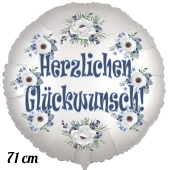 Herzlichen Glückwunsch, Luftballon aus Folie, satinweiß, 71 cm, Rundballon