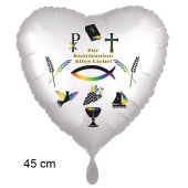 Zur Kommunion - Alles Liebe, weißer Herzluftballon aus Folie, religiöse Symbole