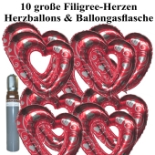 Ballons Helium Set Hochzeit, 10 große filigrane Herzballons aus Folie, rot-silber, mit Ballongasflasche