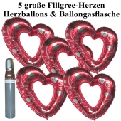 Ballons Helium Set Hochzeit, 5 große filigrane Herzballons aus Folie, rot-silber, mit Ballongasflasche