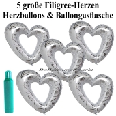 Ballons Helium Set Hochzeit, 5 große filigrane Herzballons aus Folie, weiß-silber, mit Ballongasflasche
