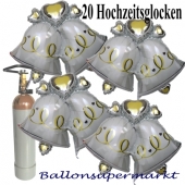 20 Folienballons zur Hochzeit mit der 10 Liter Heliumflasche, Doppelglocken, Hochzeitsglocken