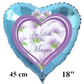 In Liebe für Mama. Luftballon in Herzform aus Folie, hellblau, mit Helium zum Muttertag