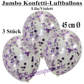 Jumbo Konfetti-Luftballons 45 cm, Transparent mit fliederfarbenem und violettem Konfetti gefüllt, 3 Stück