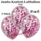 Jumbo Konfetti-Luftballons 45 cm, Transparent mit pinkfarbenem Konfetti gefüllt, 3 Stück