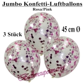 Jumbo Konfetti-Luftballons 45 cm, Transparent mit rosafarbenem und pinkfarbenem Konfetti gefüllt, 3 Stück