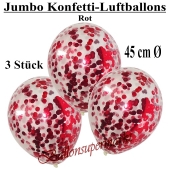 Jumbo Konfetti-Luftballons 45 cm, Transparent mit rotem Konfetti gefüllt, 3 Stück