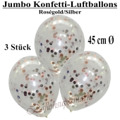 Jumbo Konfetti-Luftballons 45 cm, Transparent mit roségoldenem und silbernem Konfetti gefüllt, 3 Stück